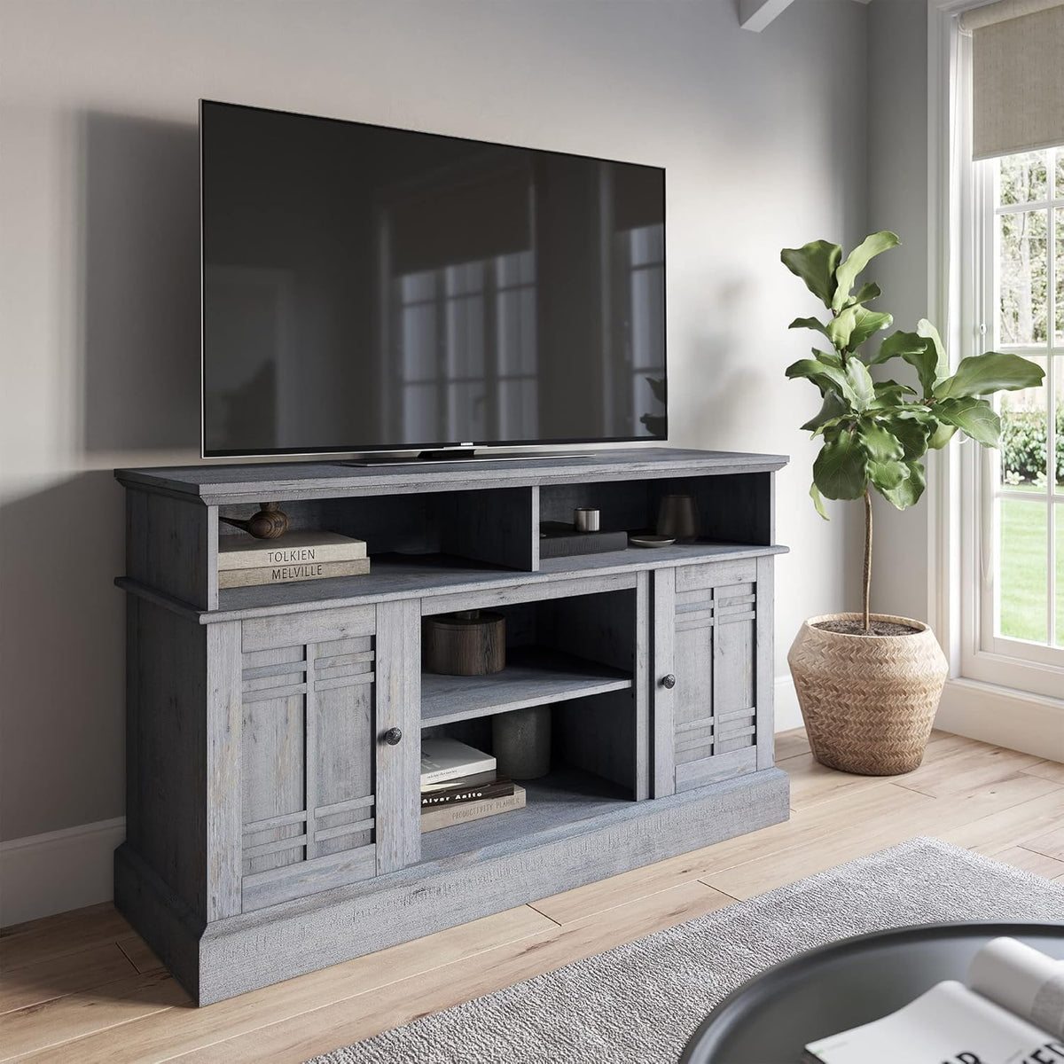 Modern Farmhouse Electric Fireplace TV Stand with Open Storage Shelves & Cabinets M2920