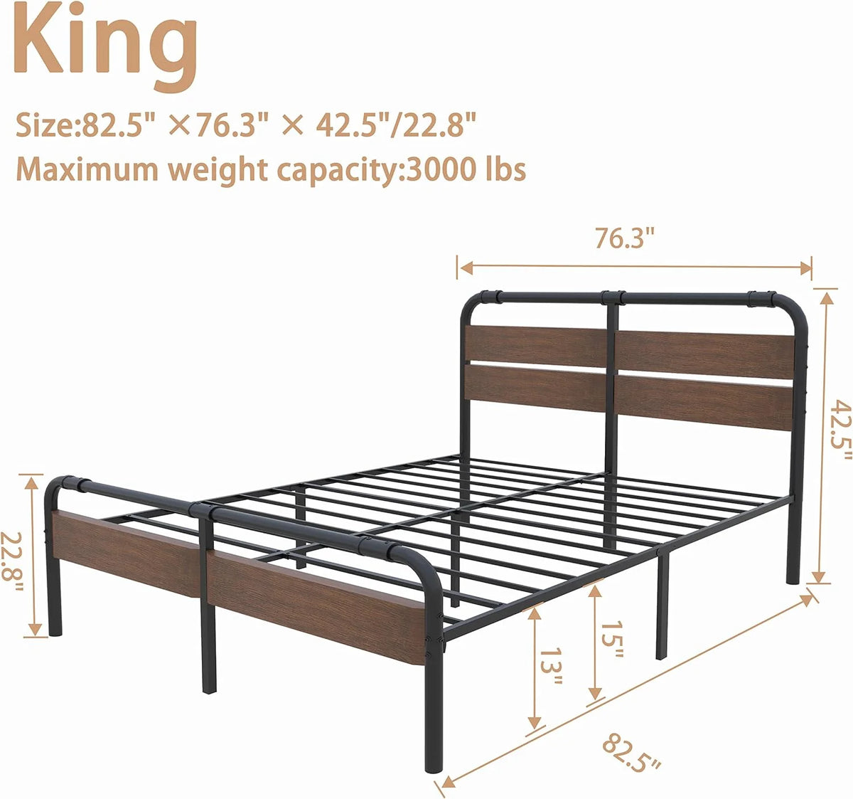 King Size Vintage Wood Headboard Platform Bed Frame 16 Inches High S5577