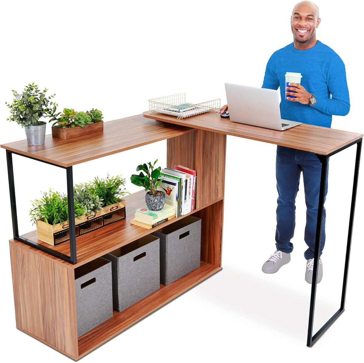 Rotating L-Shaped Standing Desk with Storage Shelves O667739