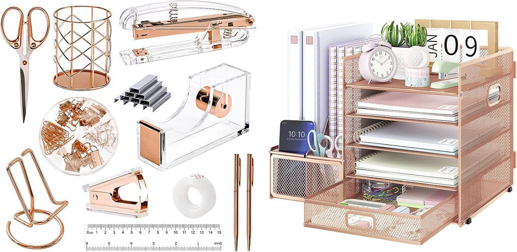 Rose Gold Acrylic Desk Organizer Set with Stapler and File Shelves X972