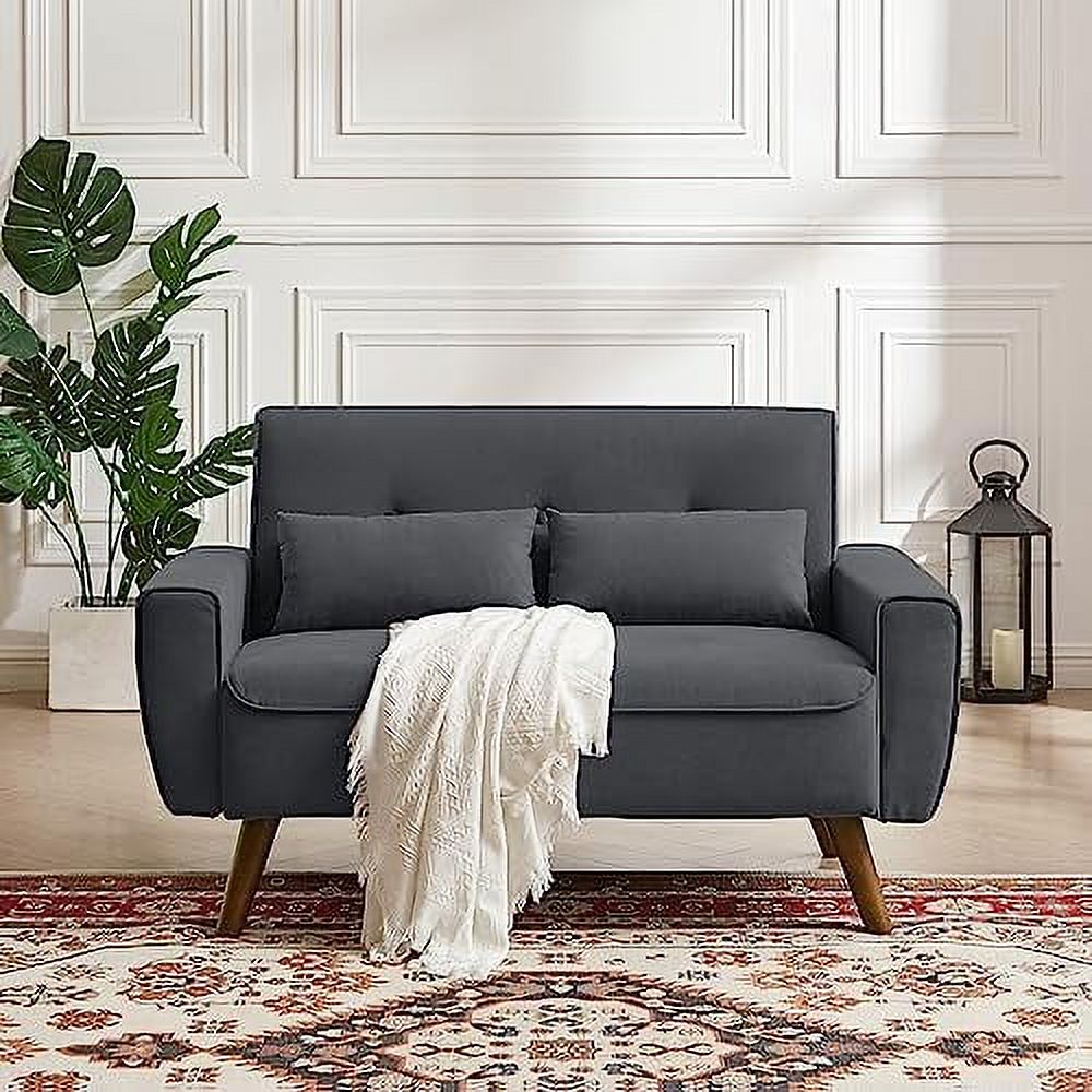 48" Linen Loveseat Sofa with 2 Throw Pillows and Wooden Legs C72136