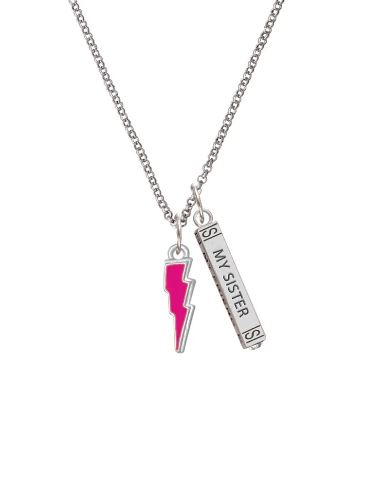 Silvertone Hot Pink Lightning Bolt Sister Bar Charm Necklace, 23" G524