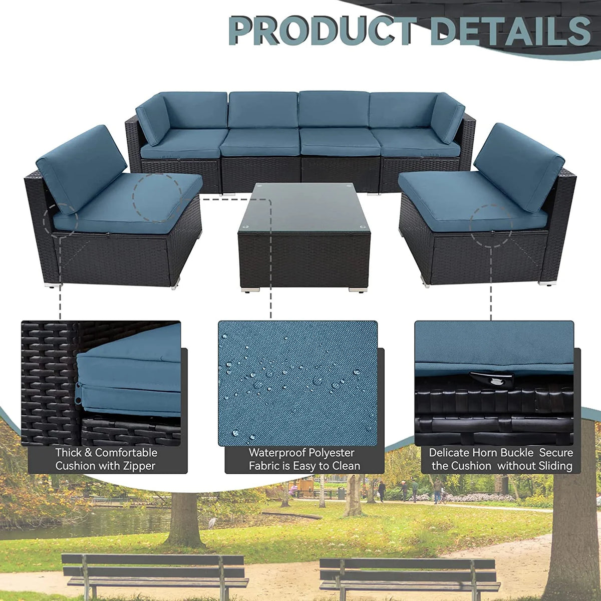 7-Pieces Wicker Outdoor Sectional Sofa Set with Haze Blue Cushions H77221