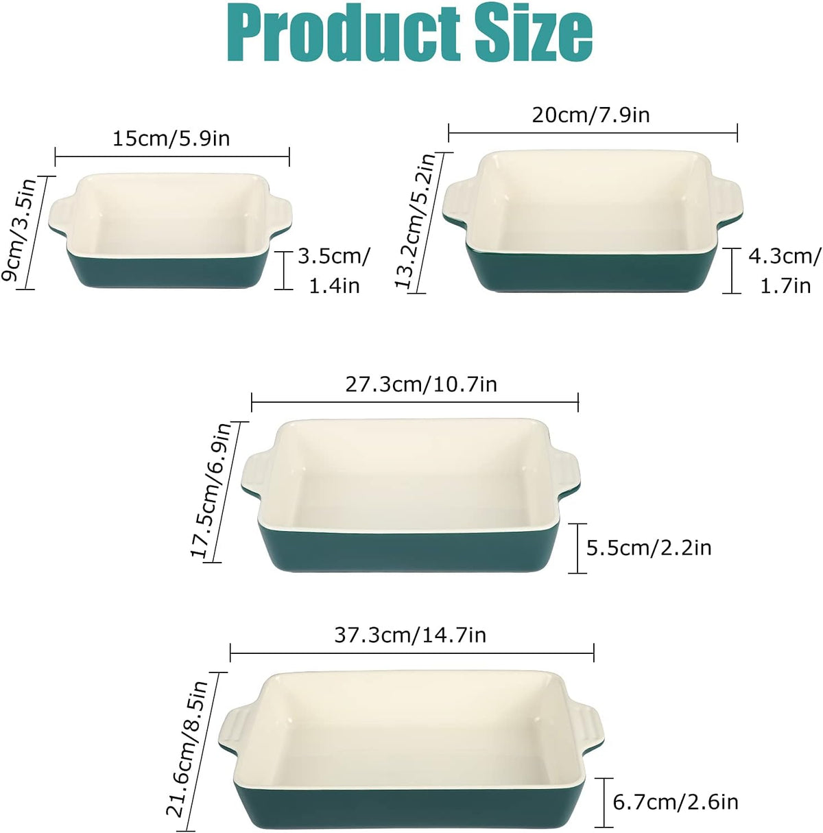 Ceramic Baking Dish Set of 4 Pcs, Rectangular Porcelain Bakeware, 14.7 x 8.5 x 2.6 Inches P871