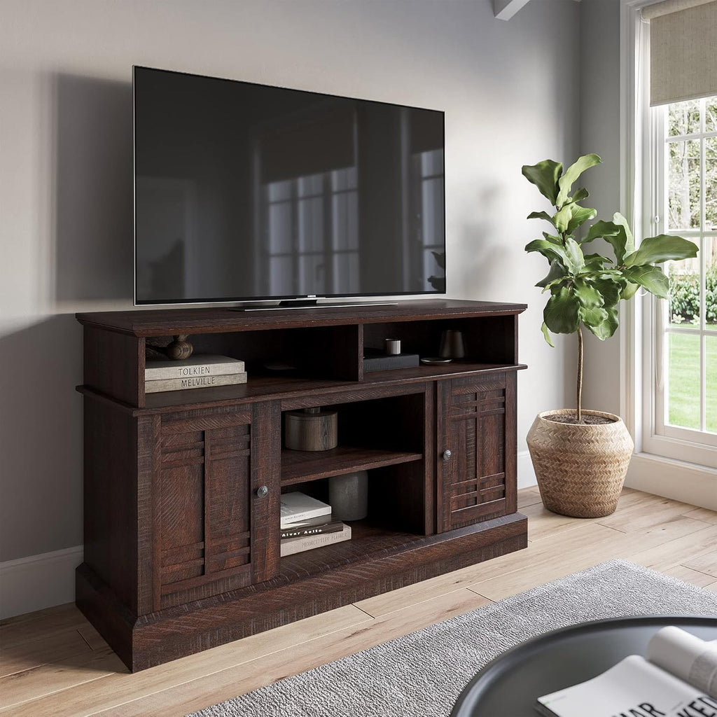 Modern Farmhouse Electric Fireplace TV Stand with Open Storage Shelves & Cabinets M2920
