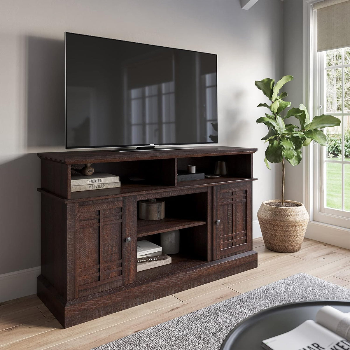 Modern Farmhouse Electric Fireplace TV Stand with Open Storage Shelves & Cabinets M2920