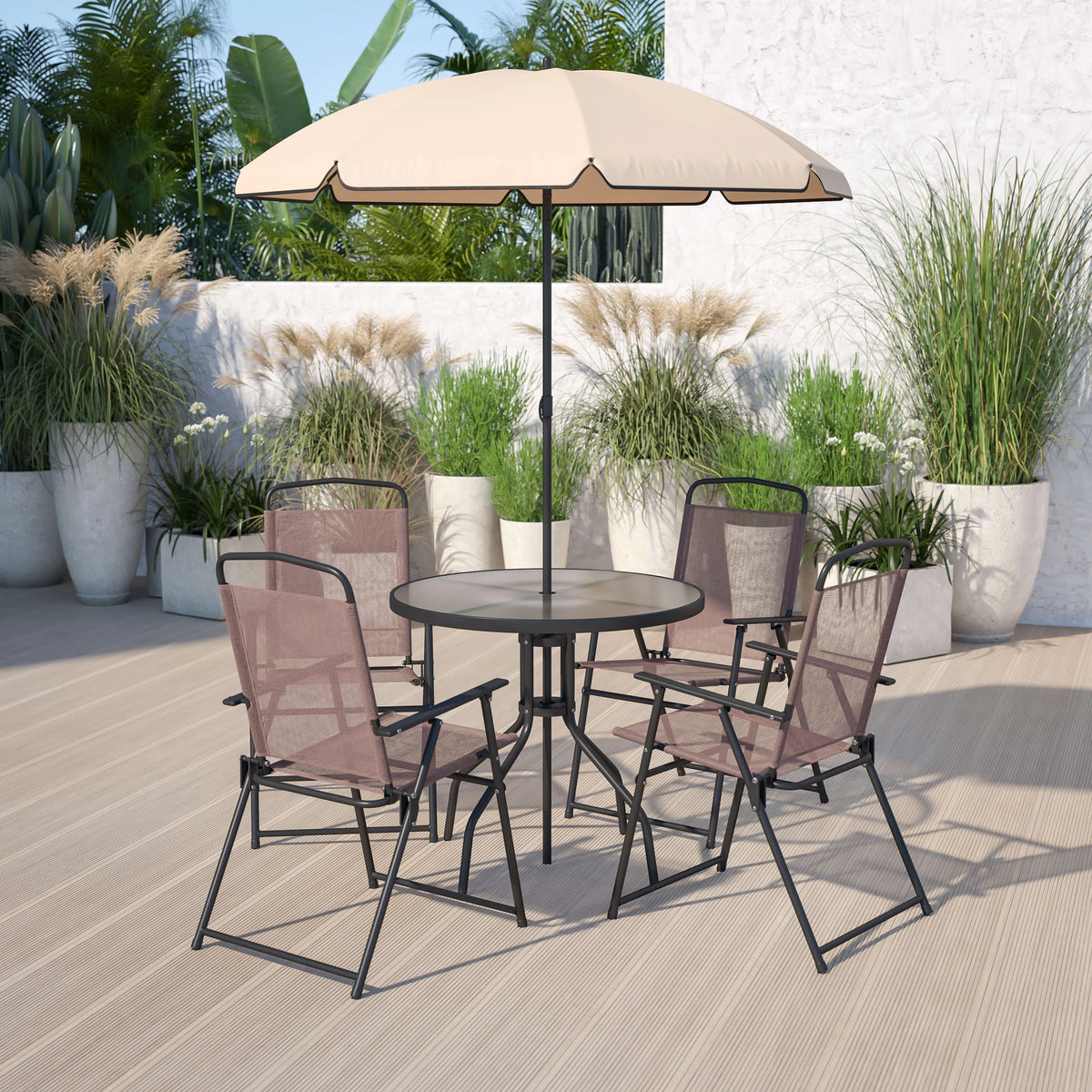 6-Piece Patio Set with Glass Table, Umbrella, and 4 Folding Chairs, Black W5178