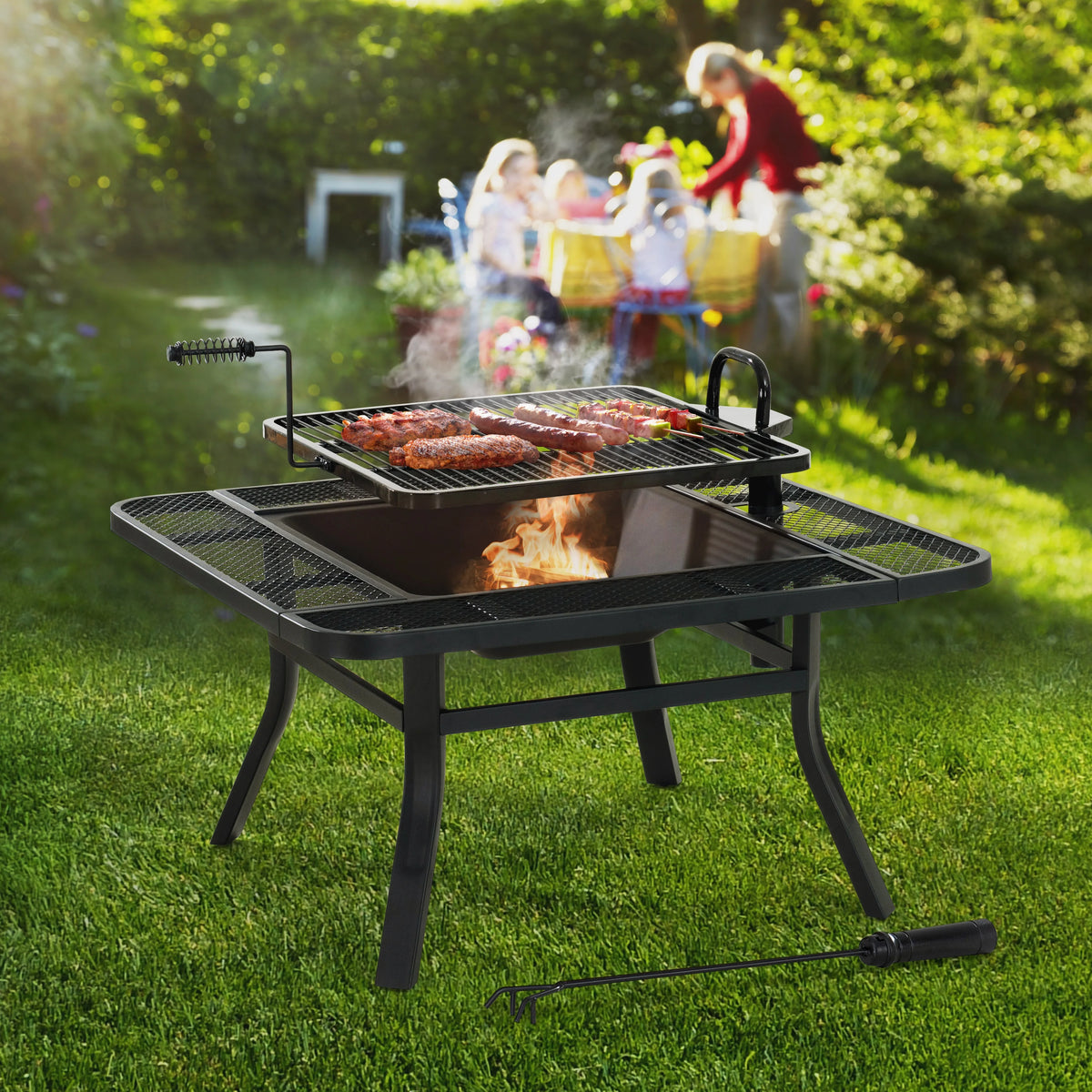 38 Inch Wood Burning Fire Pit with Adjustable Grill Grate and Fire Poker Y792