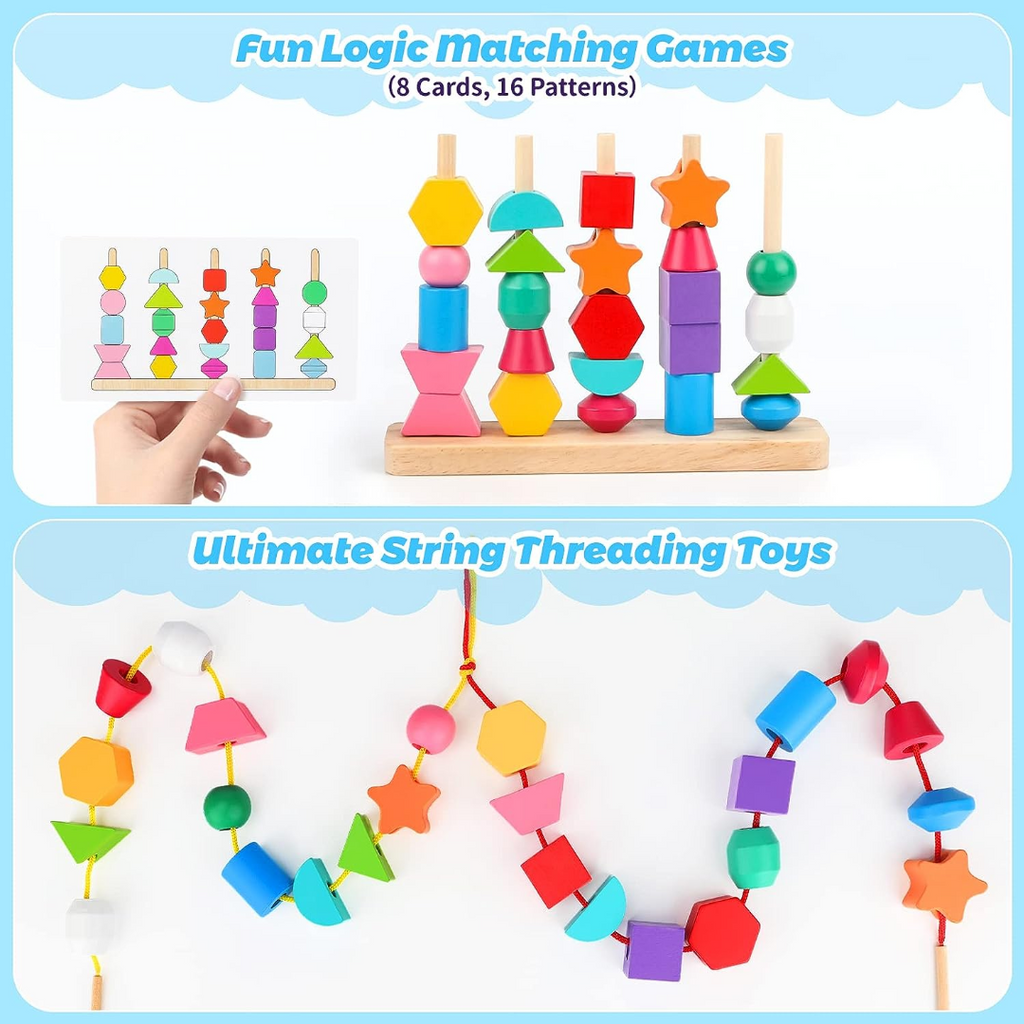 Wooden Bead Sequencing Toy Set Stacking Blocks Lacing Beads Matching Shape Colors Stacker Montessori Toys C2607