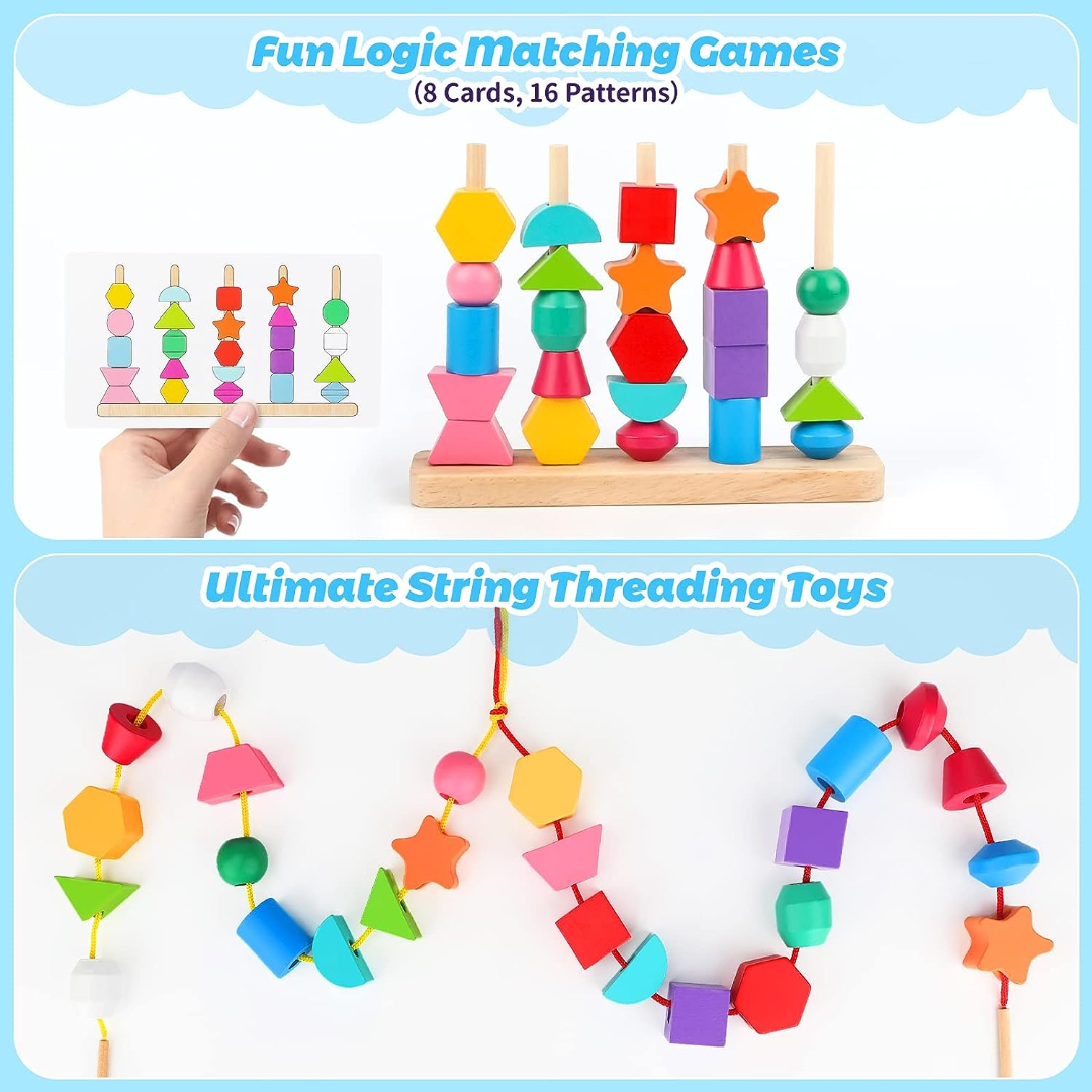 Wooden Bead Sequencing Toy Set Stacking Blocks Lacing Beads Matching Shape Colors Stacker Montessori Toys C2607