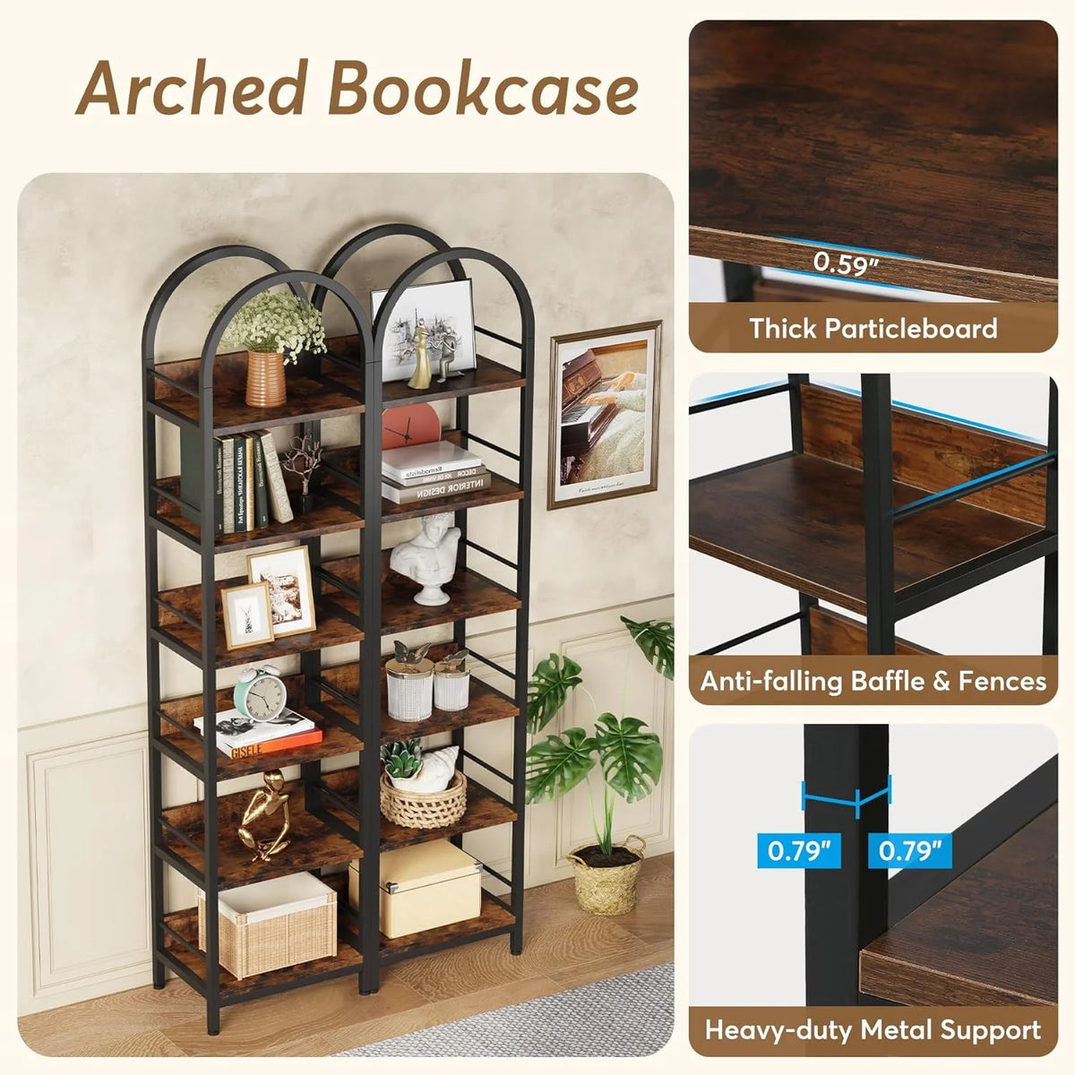 6-Tier Open Bookshelf, 78.7" Tall Arched Bookcase with Metal Frame, Rustic Brown K2691