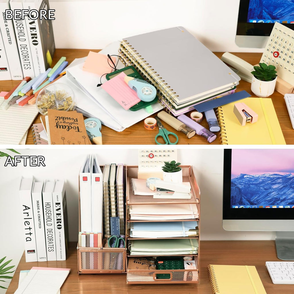 Rose Gold Acrylic Desk Organizer Set with Stapler and File Shelves X972