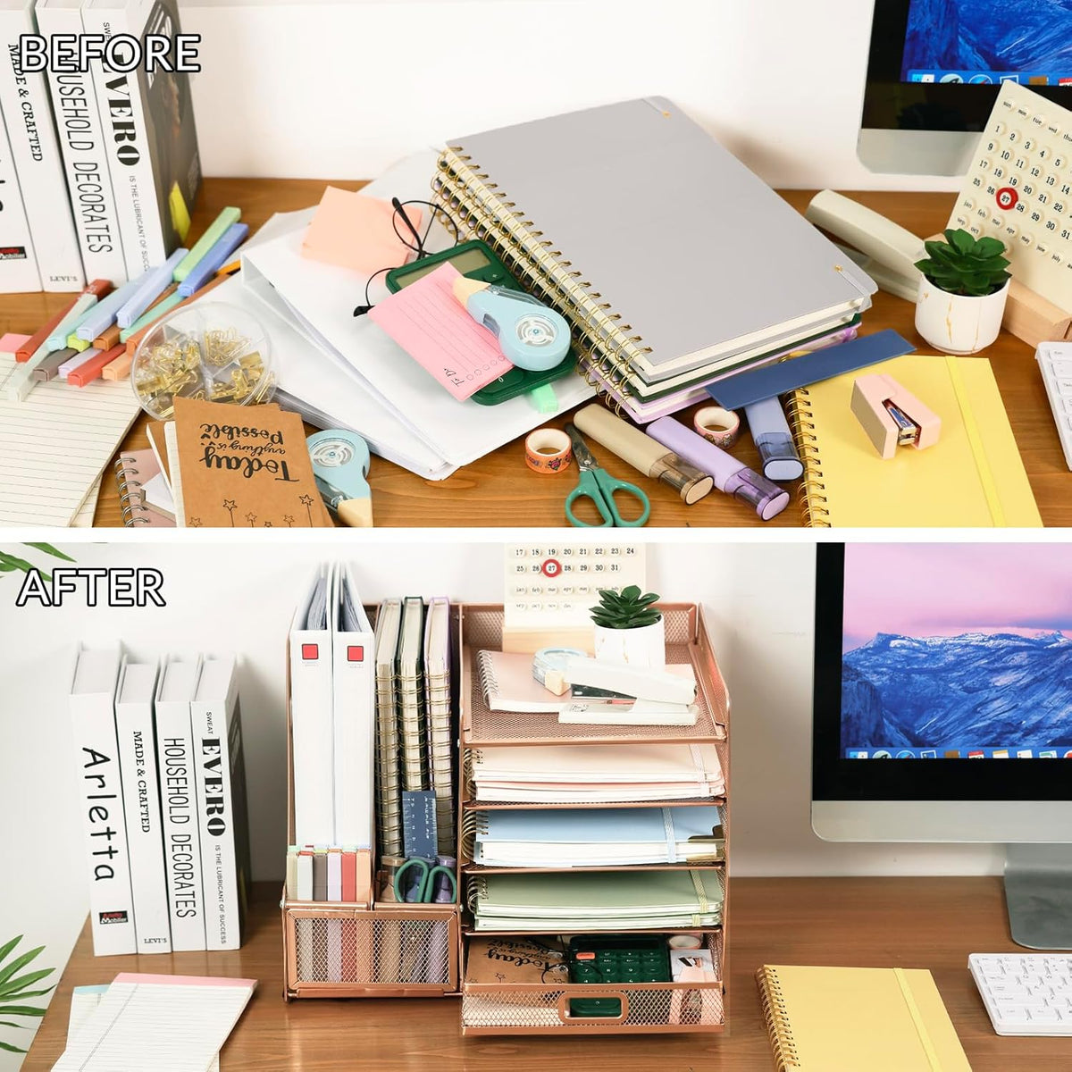 Rose Gold Acrylic Desk Organizer Set with Stapler and File Shelves X972