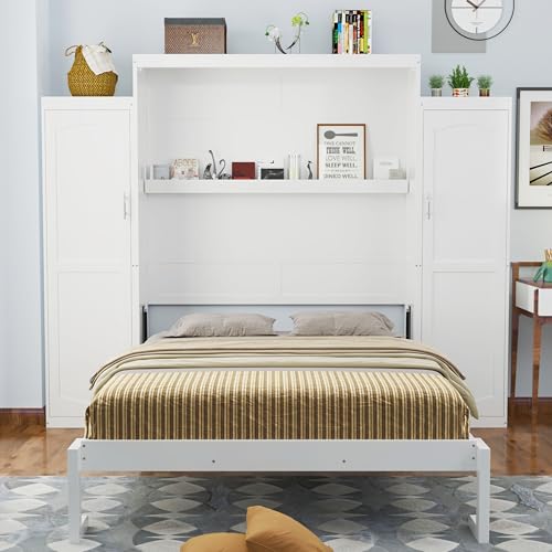 Queen Size White Murphy Bed with Wardrobe and Storage Shelf E909809