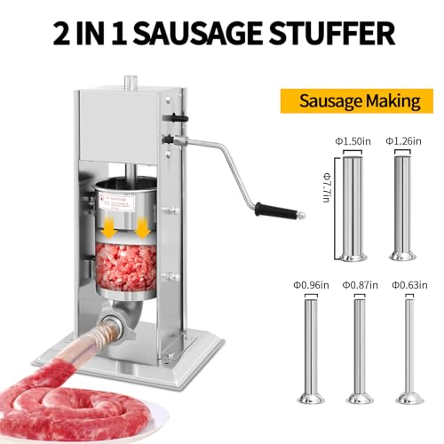 7L/14LB Stainless Steel Manual Sausage Stuffer with 5 Stuffing Tubes W377