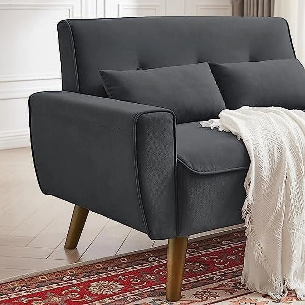 48" Linen Loveseat Sofa with 2 Throw Pillows and Wooden Legs C72136