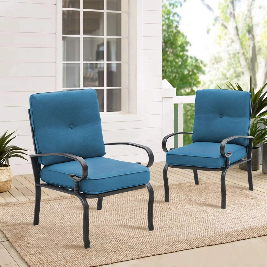 Patio Chairs Outdoor Wrought Iron Dining Chairs with Peacock Blue Cushions, Set of 2 F9819