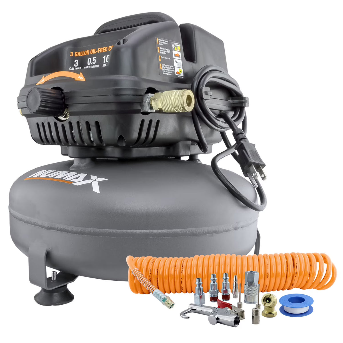 3 Gallon Oil-Free Air Compressor with Air Hose & 11 Piece Inflation Kit P4811
