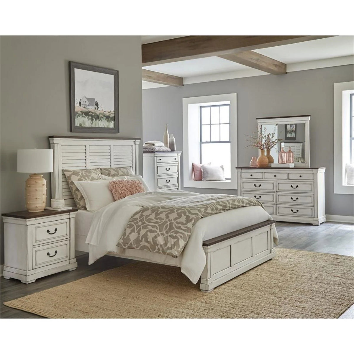 Wood Farmhouse Eastern King Panel Bed White Finish B975