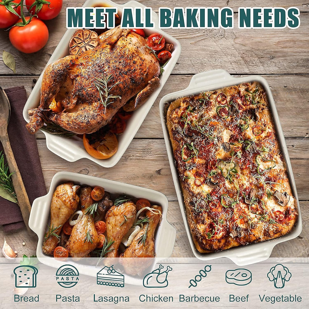 Ceramic Baking Dish Set of 4 Pcs, Rectangular Porcelain Bakeware, 14.7 x 8.5 x 2.6 Inches P871