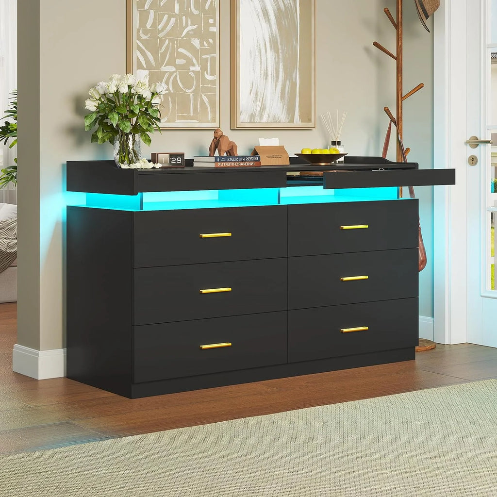 Black 6 Drawer Wood Dresser with 2 Pull-Out Trays E5216
