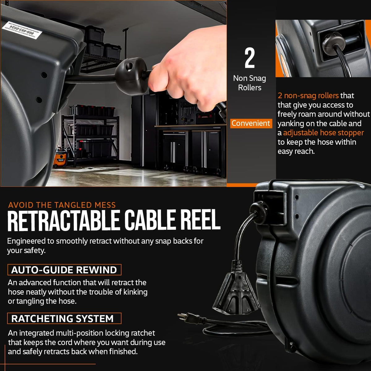 Extension Cord Reel Retractable 12AWG x 75' Feet Cable with Triple Tap Connector C83301