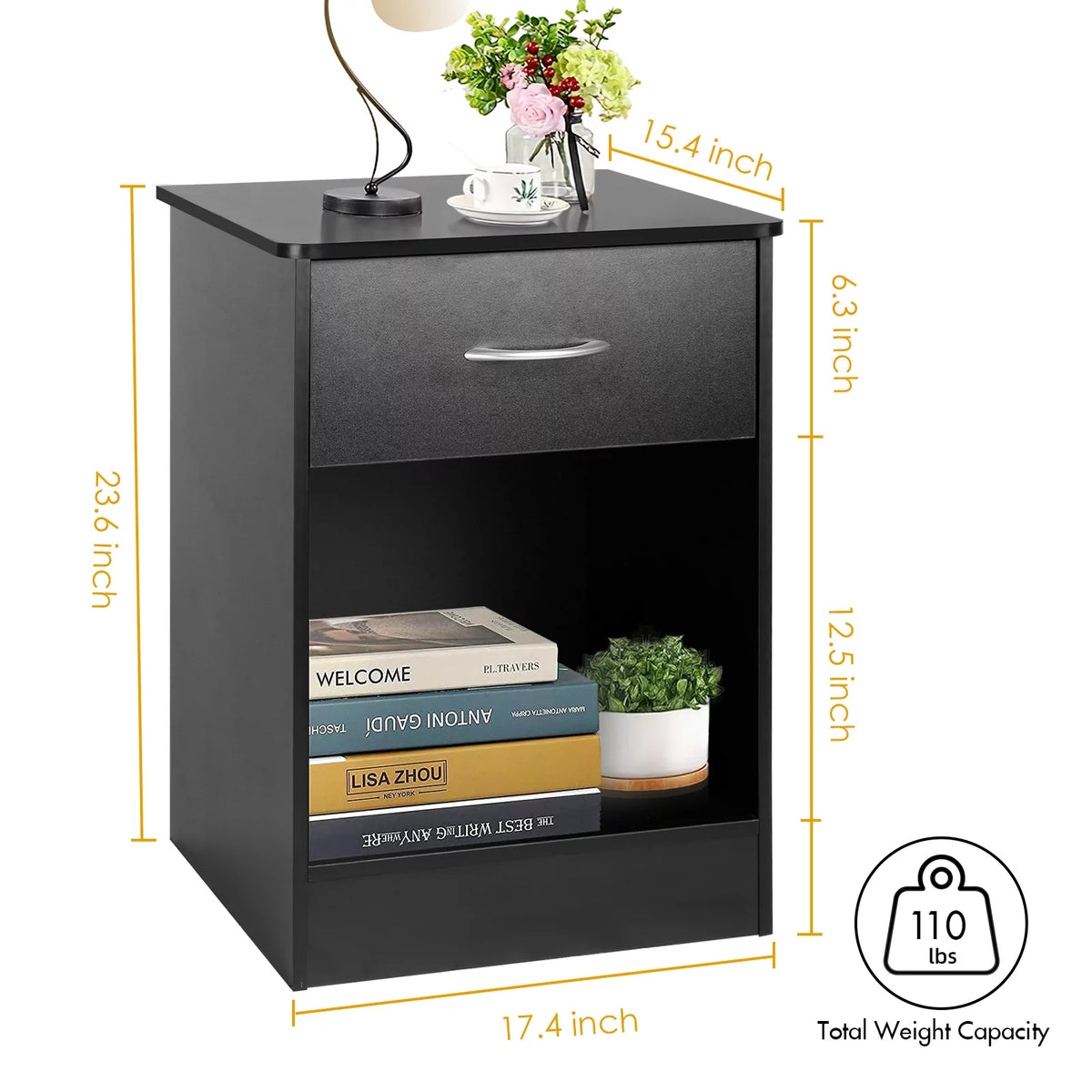 Black 2pcs Wood Nightstand with Drawer T525