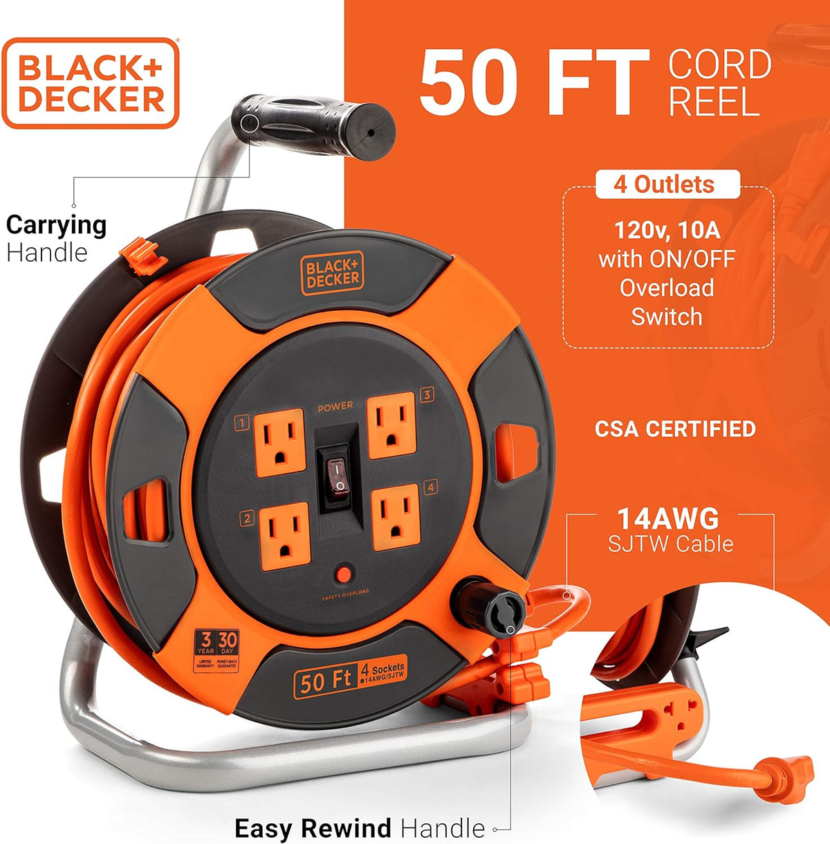 75 ft 14AWG SJTW Retractable Extension Cord with 4 Outlets V515972