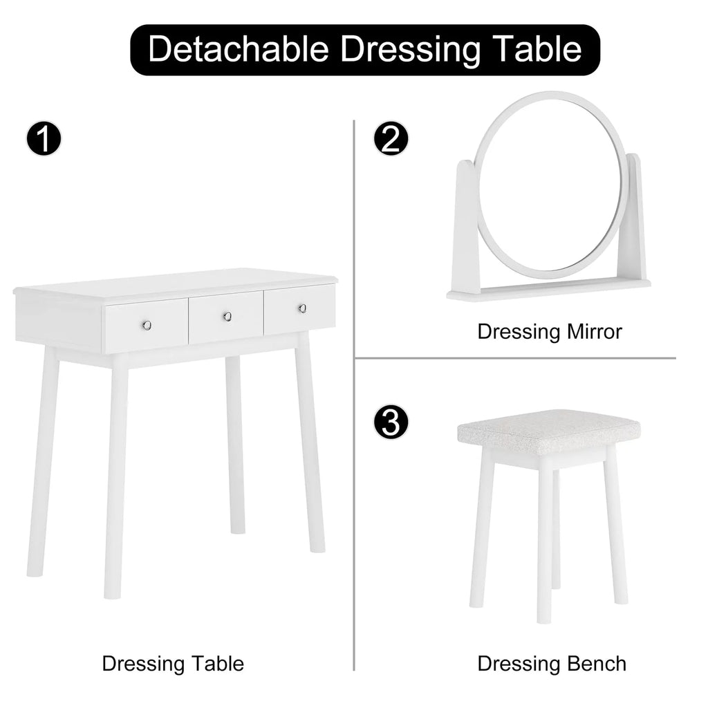 White 3 Drawer Vanity Table Set with Stool and Mirror Q36496