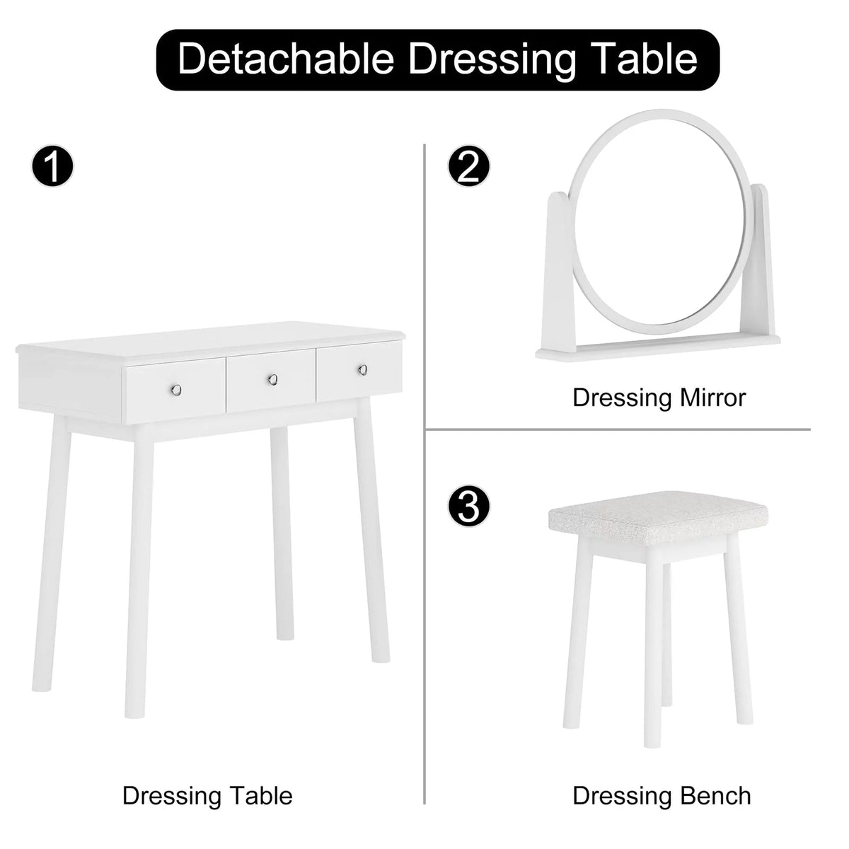 White 3 Drawer Vanity Table Set with Stool and Mirror Q36496