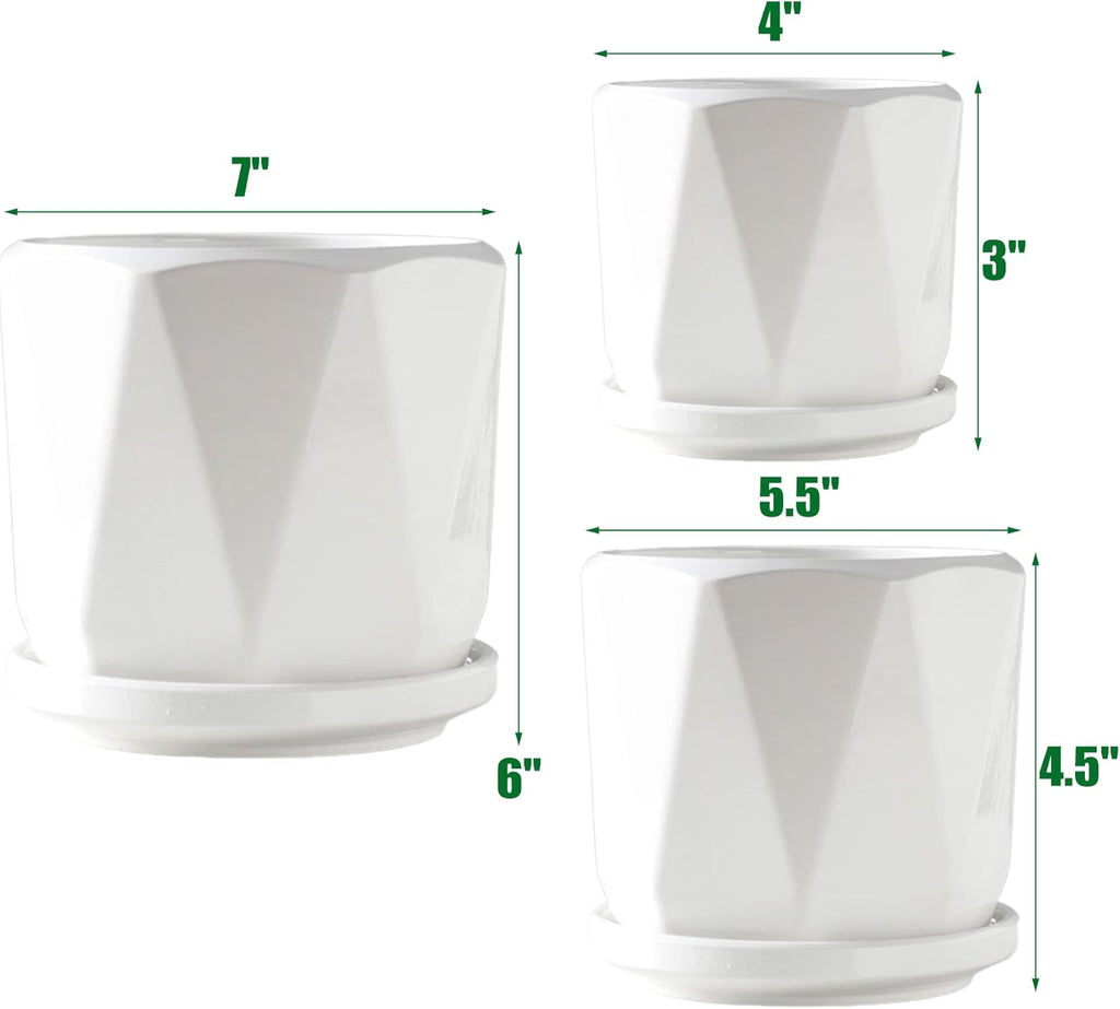 Set of 3 White Ceramic Plant Pots with Saucer Y481