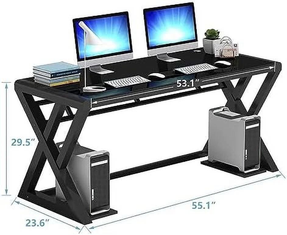 Glass Top X-Frame Metal Computer Desk 55.1 inches L8837