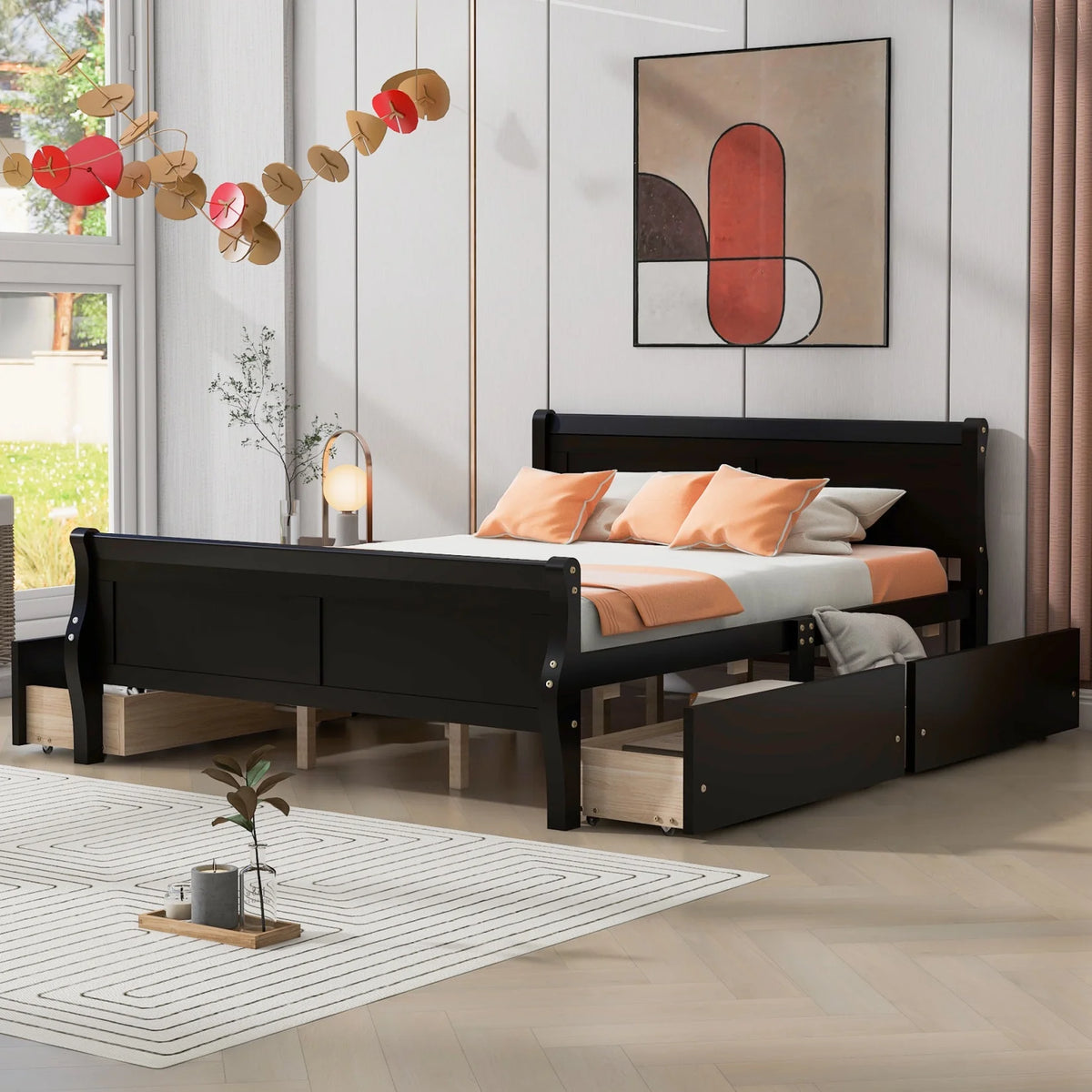Queen Size Wood Platform Bed with 4 Drawers K1883