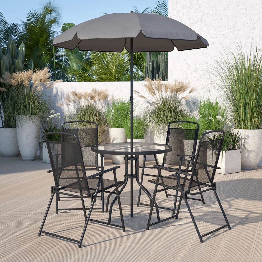6-Piece Patio Set with Glass Table, Umbrella, and 4 Folding Chairs, Black W5178