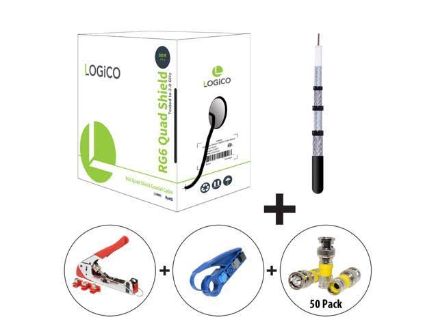 Black RG6 Quad Shield Coaxial Cable 500ft with Compression Tool and Connectors H7480