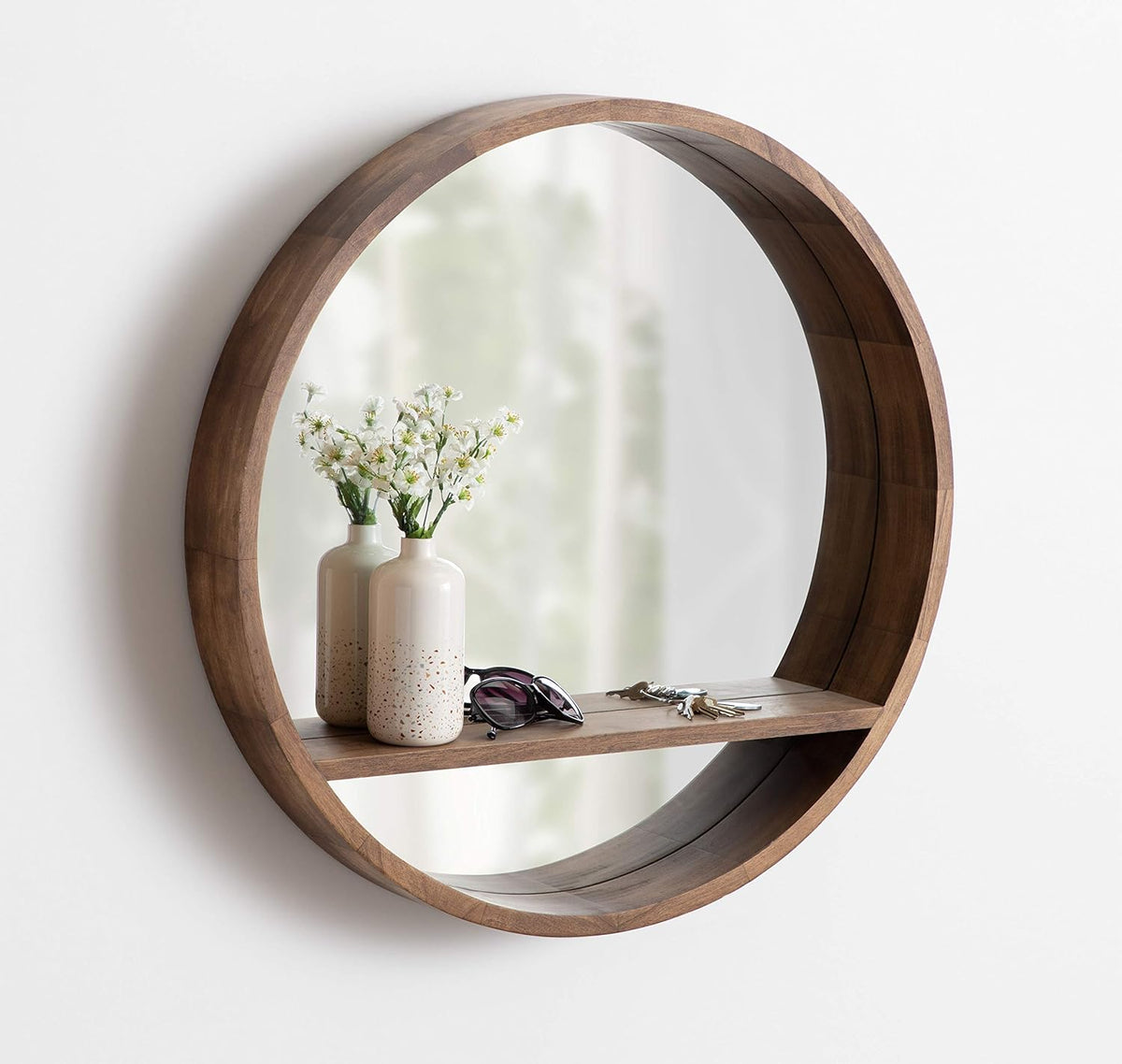 Round Mirror with Shelf, 30" Diameter, Rustic Brown Finish Z2994