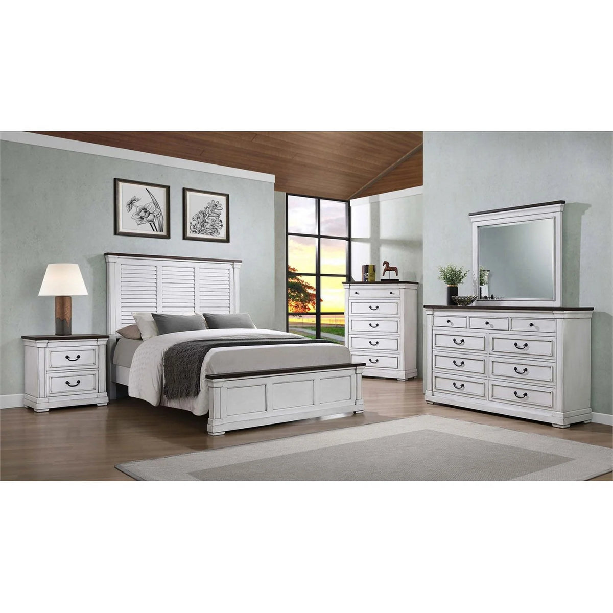 Wood Farmhouse Eastern King Panel Bed White Finish B975