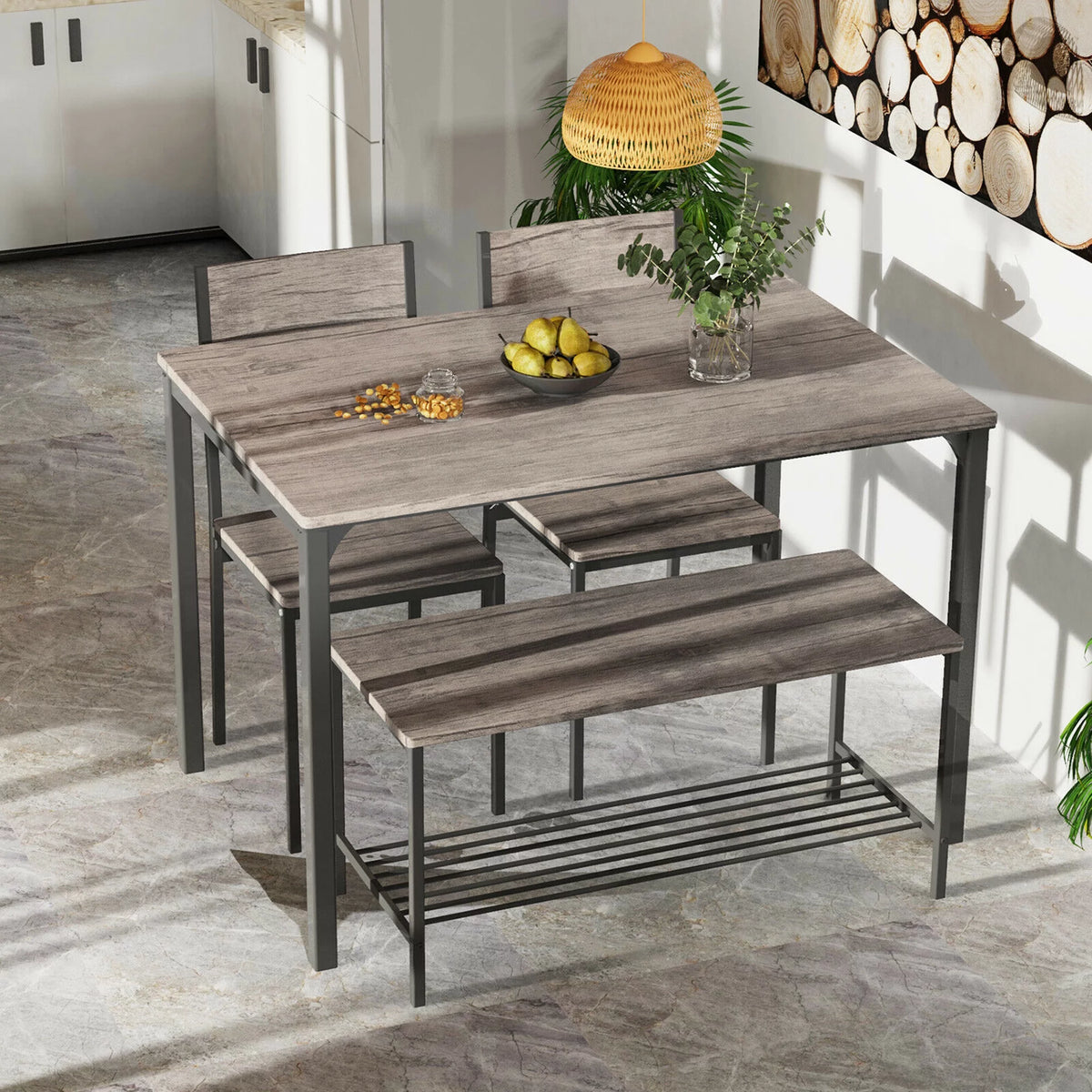 4 Pc Dining Table Set with 2 Chairs and Bench R543