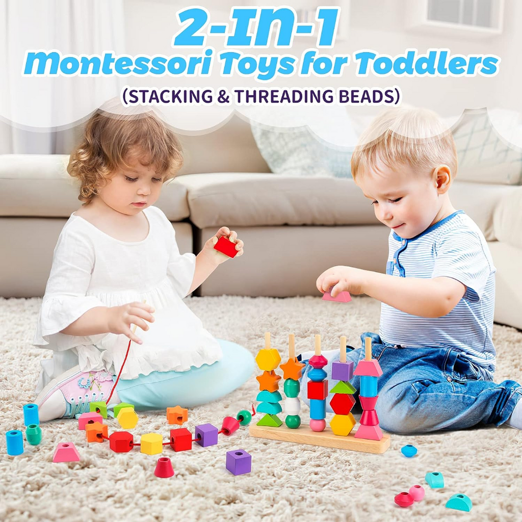 Wooden Bead Sequencing Toy Set Stacking Blocks Lacing Beads Matching Shape Colors Stacker Montessori Toys C2607