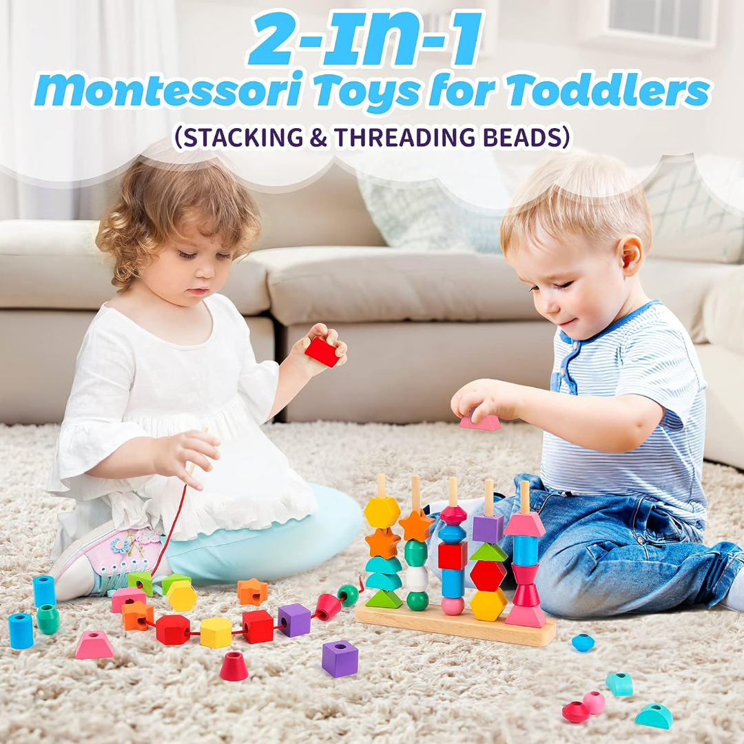 Wooden Bead Sequencing Toy Set Stacking Blocks Lacing Beads Matching Shape Colors Stacker Montessori Toys C2607
