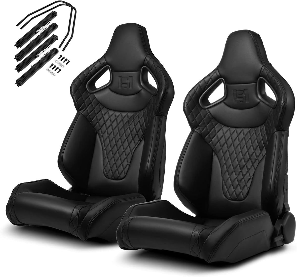 1 Pair Universal Black Carbon Fiber Leather PVC Racing Seats with Slider Y537987