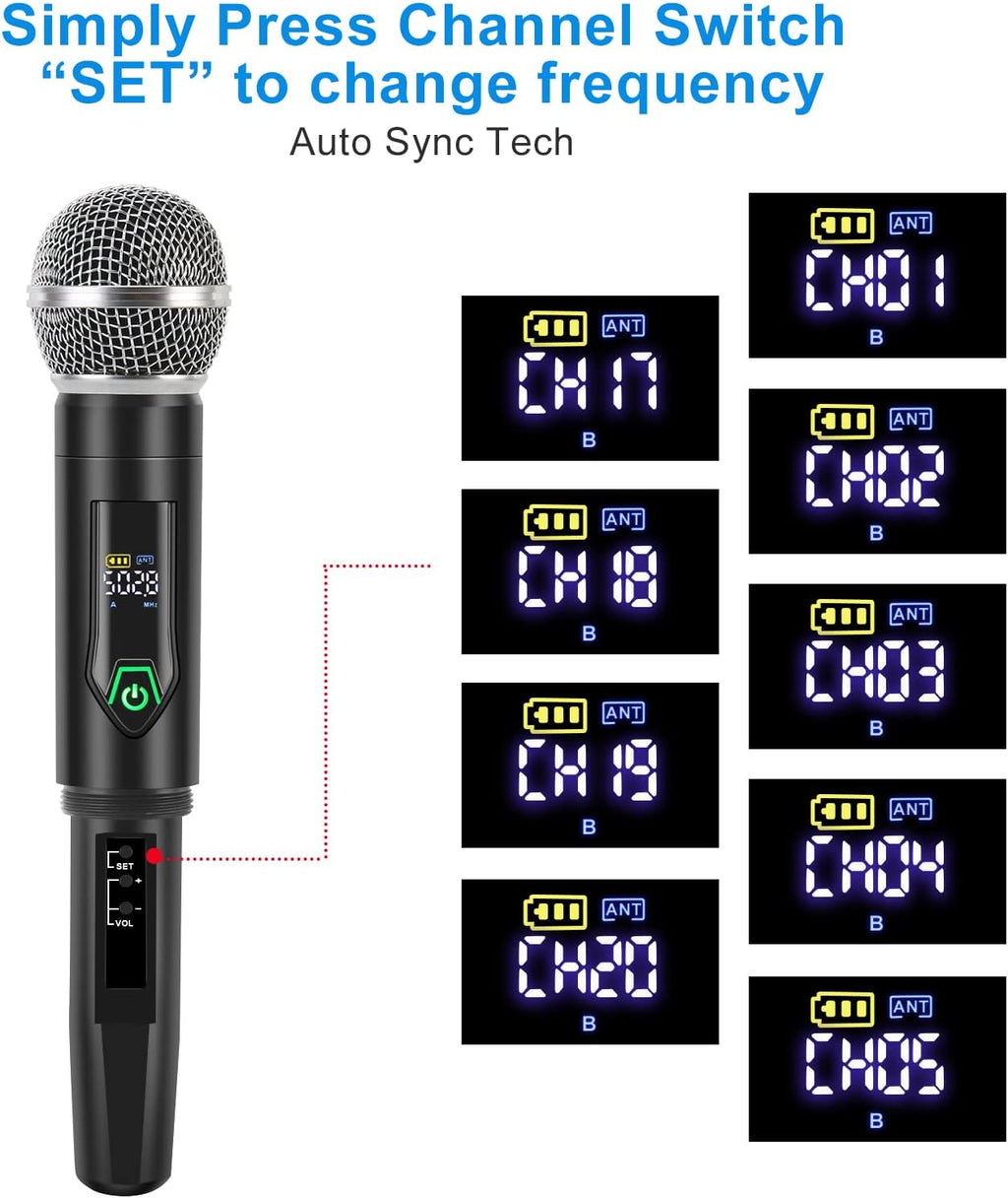 Wireless Microphone System, Metal UHF Dual Handheld 20 Channels Cordless Mic System M746