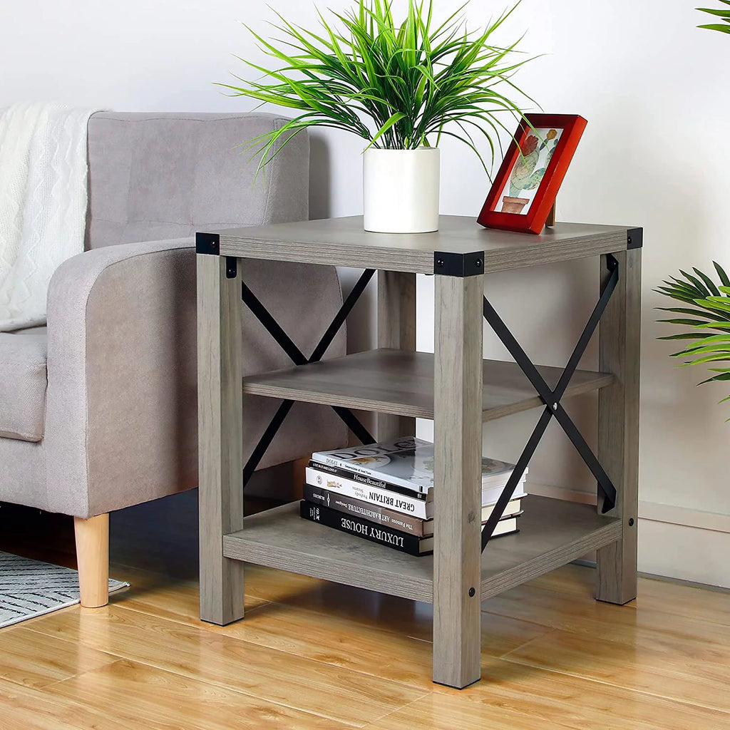 Set of 2 Rustic End Table with Storage Shelf E3215