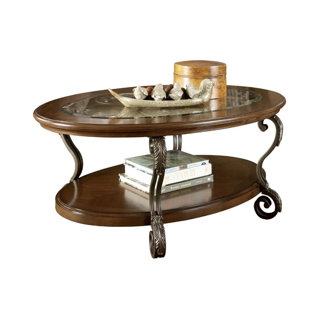 Brown Wooden Oval Cocktail Table with Glass Top N29229
