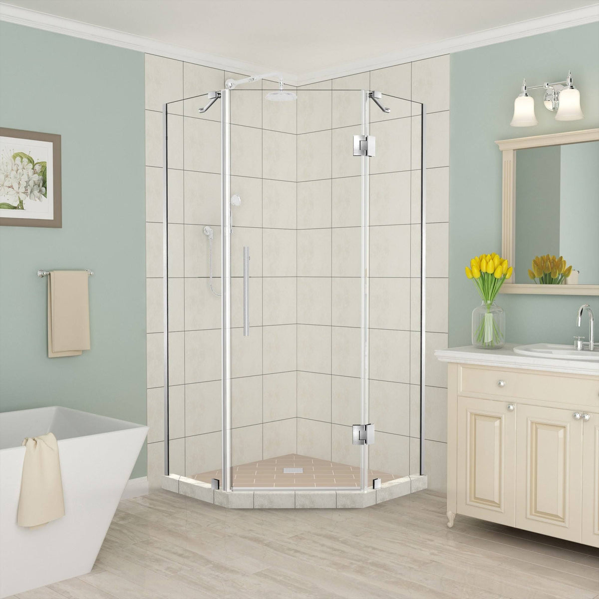 Frameless Hinged Neo-Angle Shower Enclosure in Stainless Steel B936095