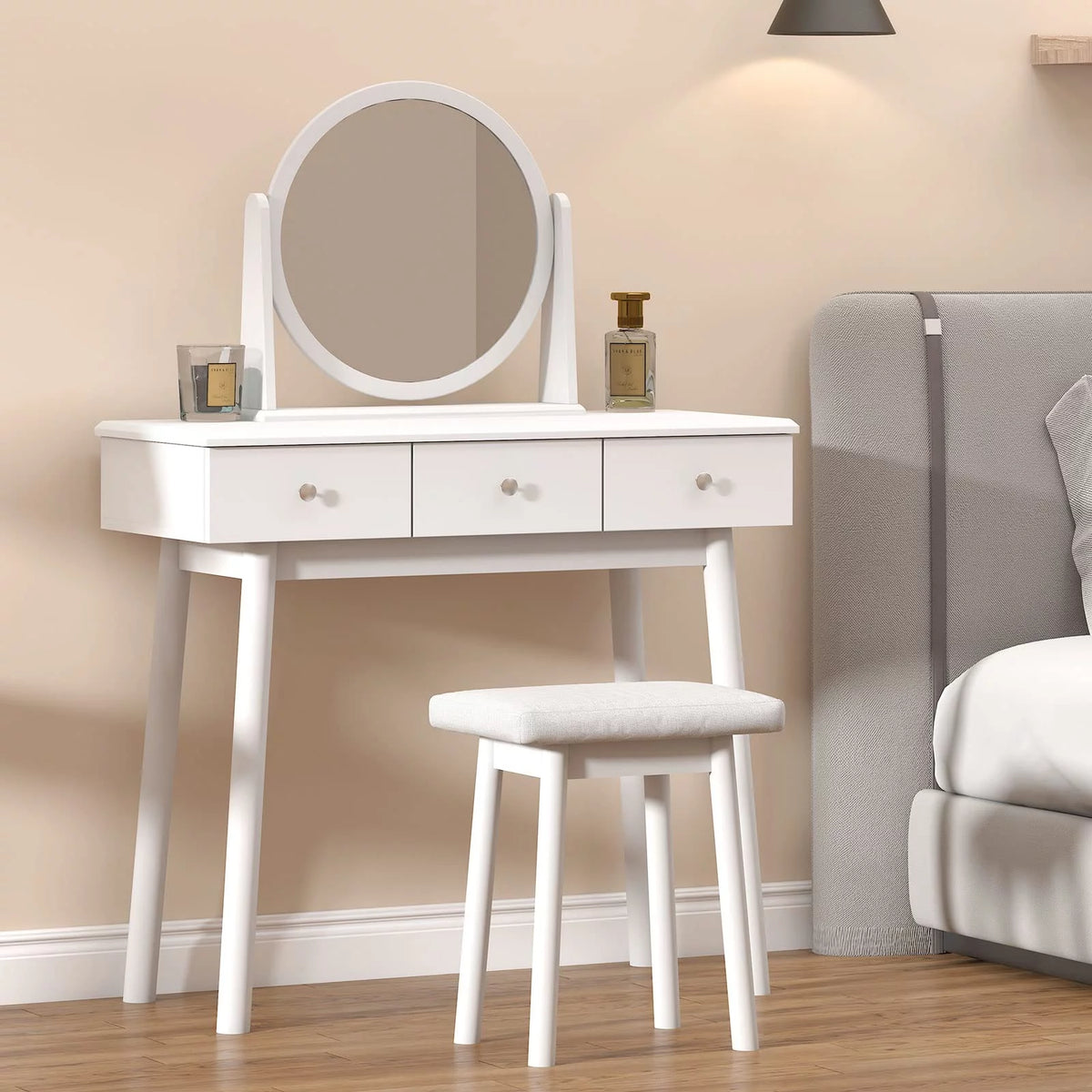 White 3 Drawer Vanity Table Set with Stool and Mirror Q36496