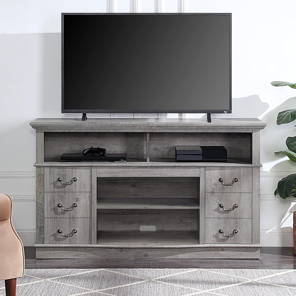 Modern Farmhouse Electric Fireplace TV Stand with Open Storage Shelves & Cabinets M2920