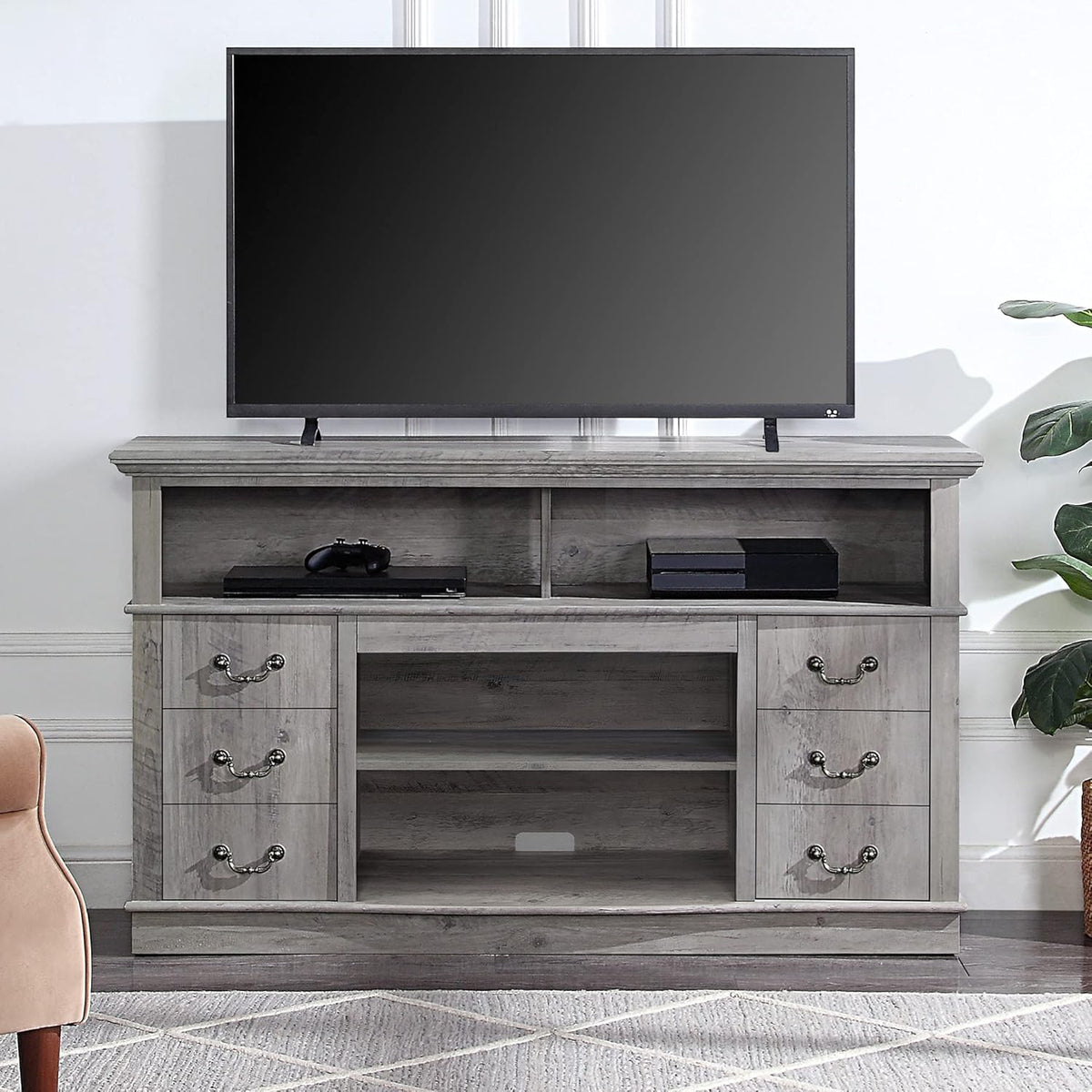 Modern Farmhouse Electric Fireplace TV Stand with Open Storage Shelves & Cabinets M2920