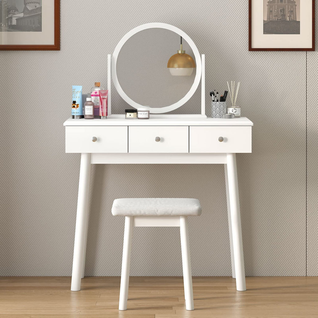 White 3 Drawer Vanity Table Set with Stool and Mirror Q36496