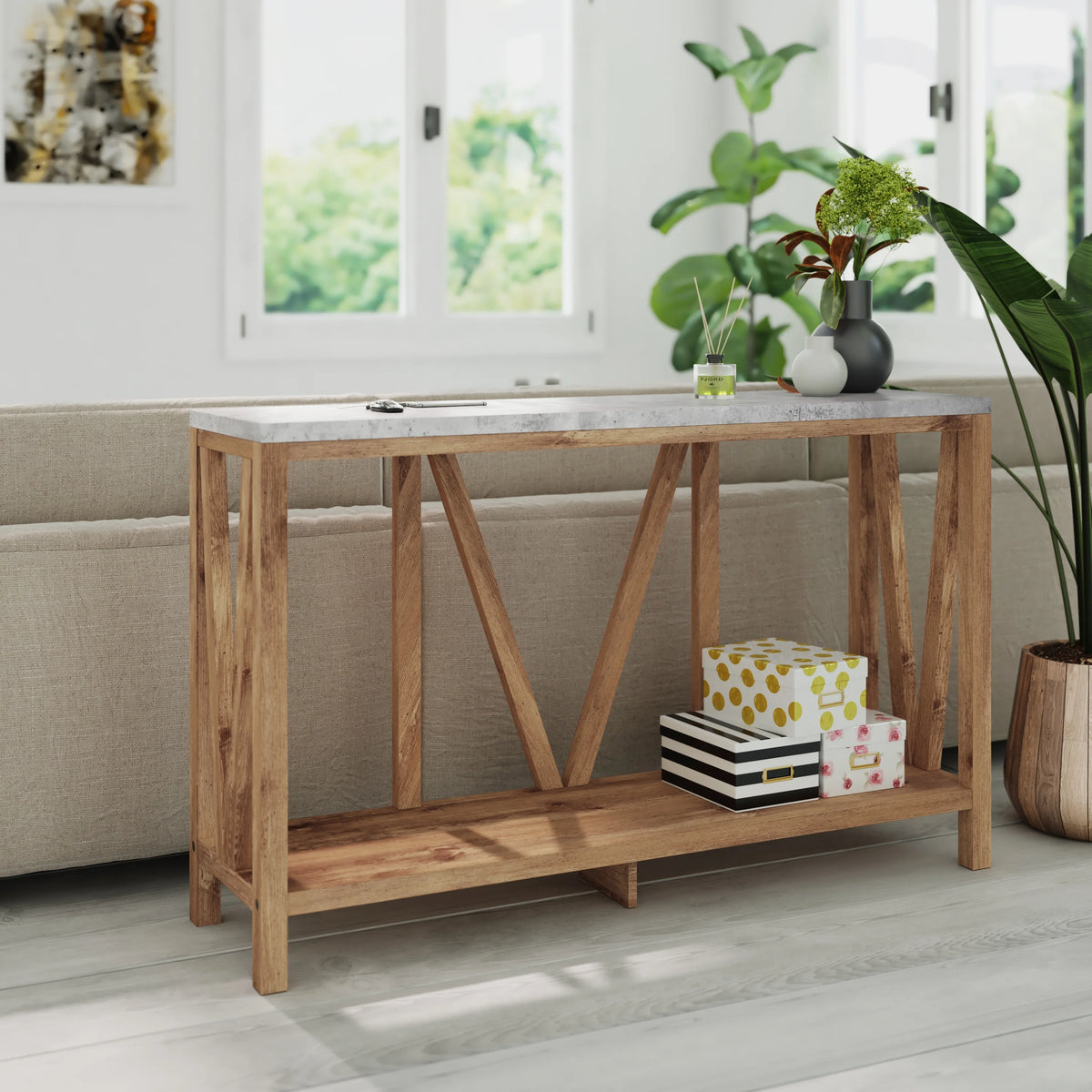 Warm Oak Console Accent Table with Faux Concrete Finished Wood Top X4647